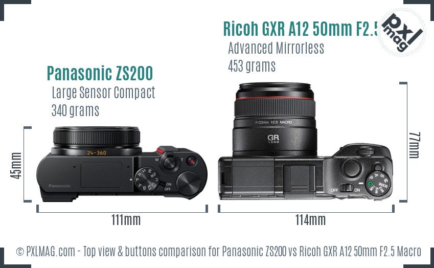 Panasonic ZS200 vs Ricoh GXR A12 50mm F2.5 Macro top view buttons comparison