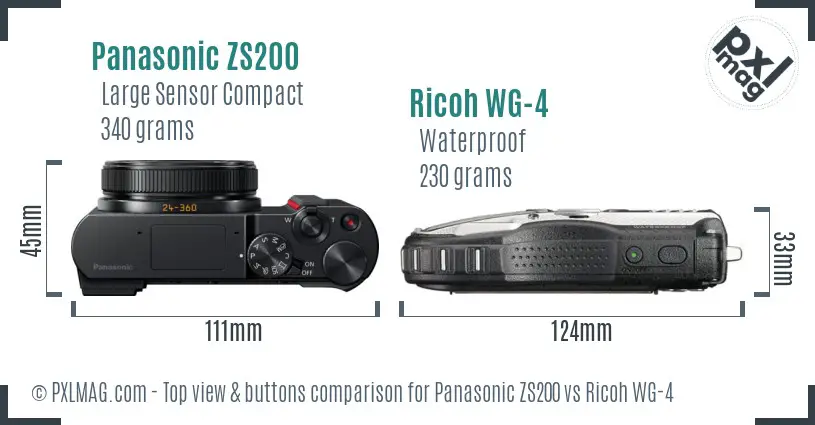 Panasonic ZS200 vs Ricoh WG-4 top view buttons comparison Panasonic ZS200 vs Ricoh WG-4 top view buttons comparison