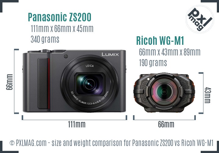 Panasonic ZS200 vs Ricoh WG-M1 size comparison