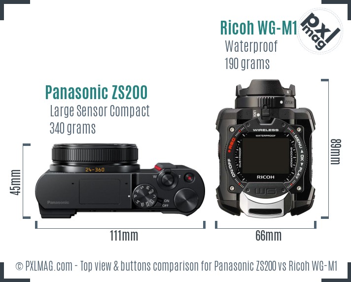 Panasonic ZS200 vs Ricoh WG-M1 top view buttons comparison