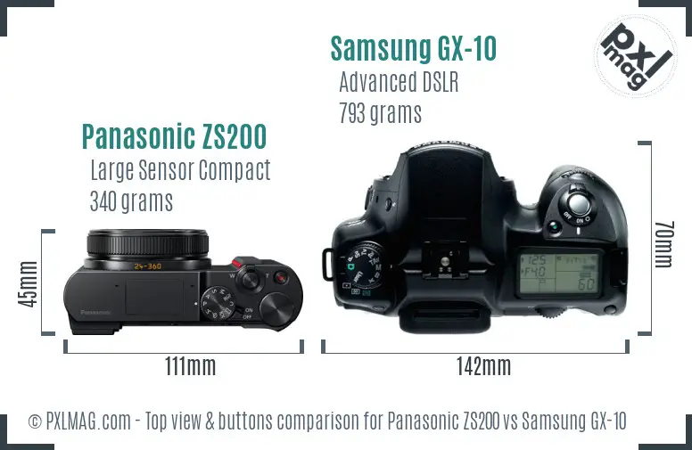 Panasonic ZS200 vs Samsung GX-10 top view buttons comparison Panasonic ZS200 vs Samsung GX-10 top view buttons comparison
