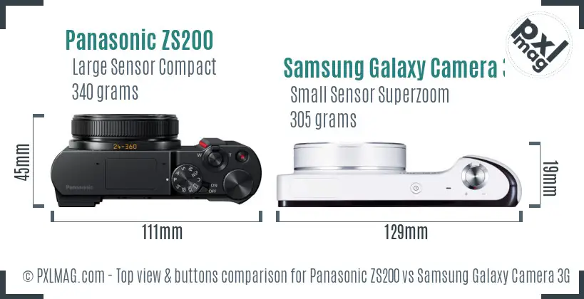 Panasonic ZS200 vs Samsung Galaxy Camera 3G top view buttons comparison