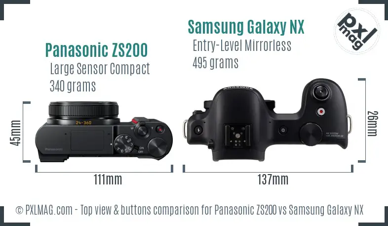 Panasonic ZS200 vs Samsung Galaxy NX top view buttons comparison