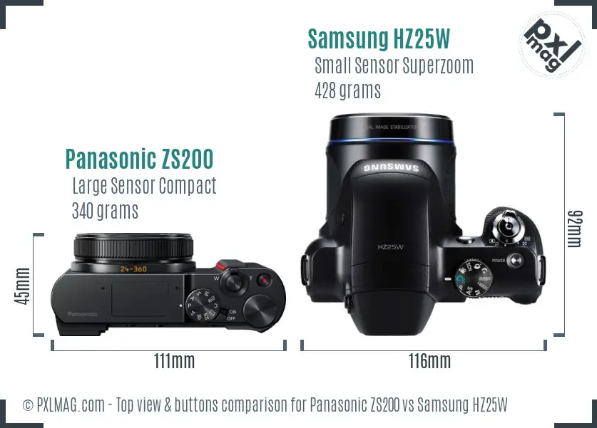 Panasonic ZS200 vs Samsung HZ25W top view buttons comparison Panasonic ZS200 vs Samsung HZ25W top view buttons comparison