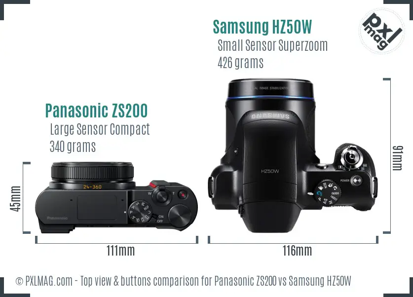 Panasonic ZS200 vs Samsung HZ50W top view buttons comparison Panasonic ZS200 vs Samsung HZ50W top view buttons comparison