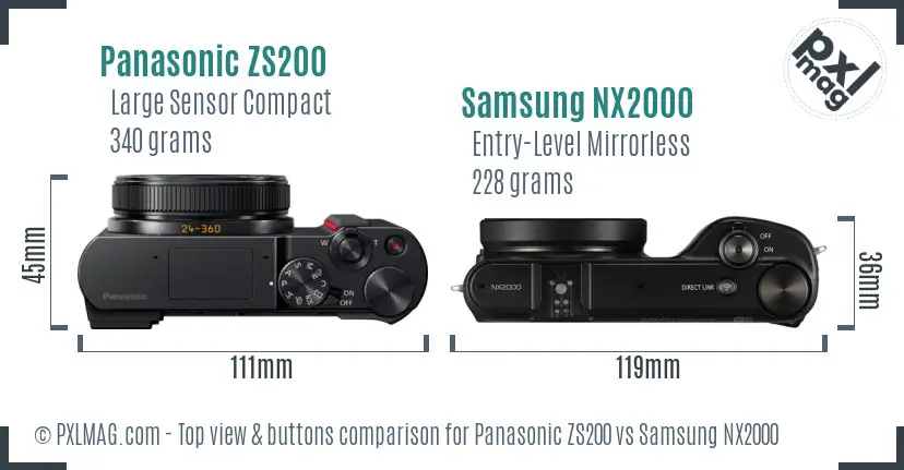 Panasonic ZS200 vs Samsung NX2000 top view buttons comparison Panasonic ZS200 vs Samsung NX2000 top view buttons comparison