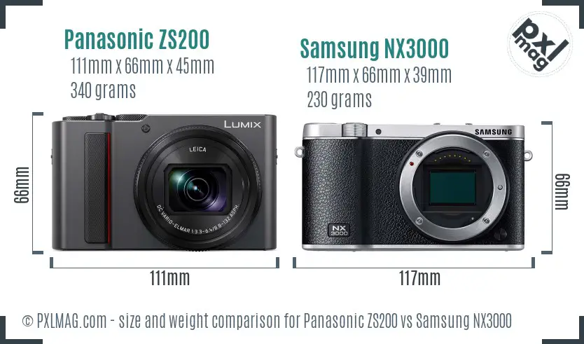 Panasonic ZS200 vs Samsung NX3000 size comparison