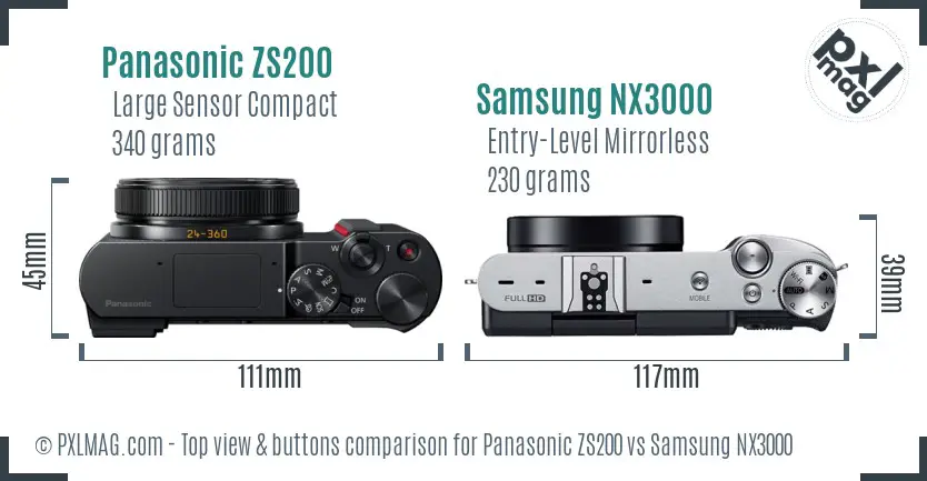 Panasonic ZS200 vs Samsung NX3000 top view buttons comparison Panasonic ZS200 vs Samsung NX3000 top view buttons comparison