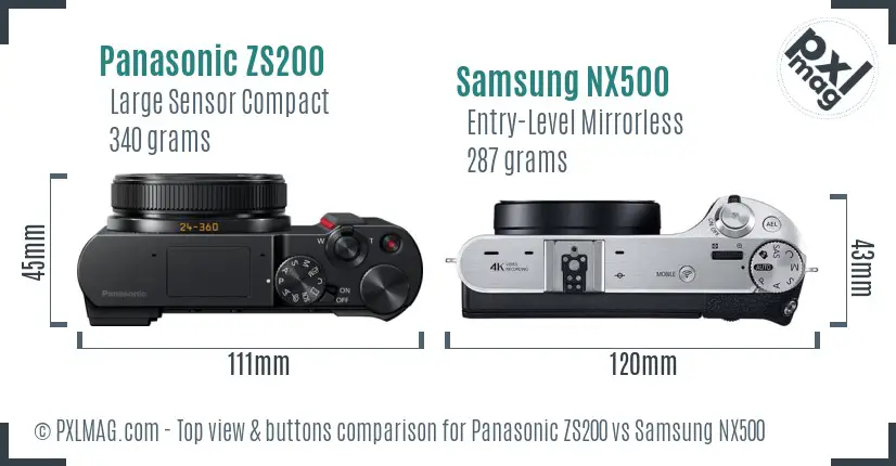 Panasonic ZS200 vs Samsung NX500 top view buttons comparison Panasonic ZS200 vs Samsung NX500 top view buttons comparison