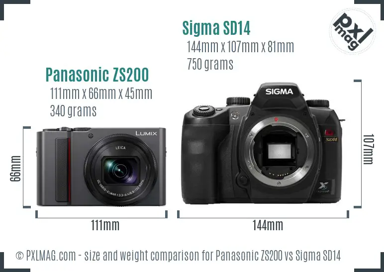 Panasonic ZS200 vs Sigma SD14 size comparison