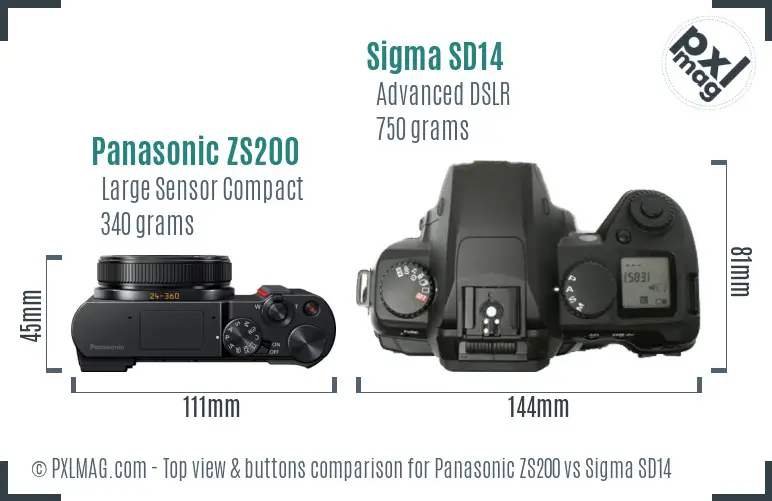 Panasonic ZS200 vs Sigma SD14 top view buttons comparison