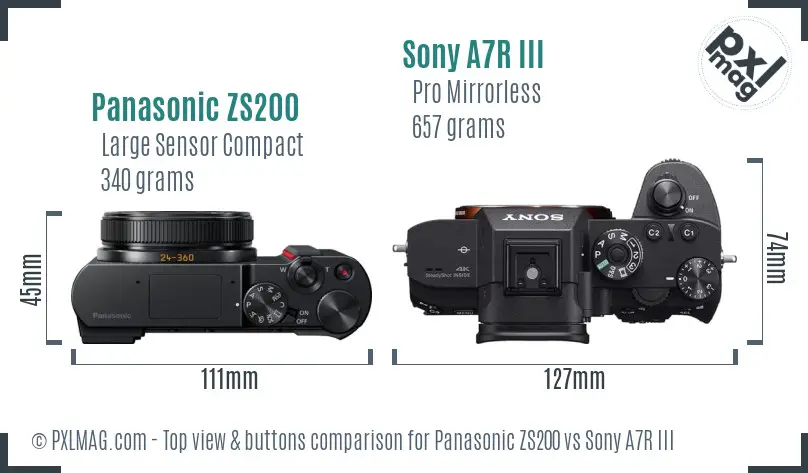 Panasonic ZS200 vs Sony A7R III top view buttons comparison