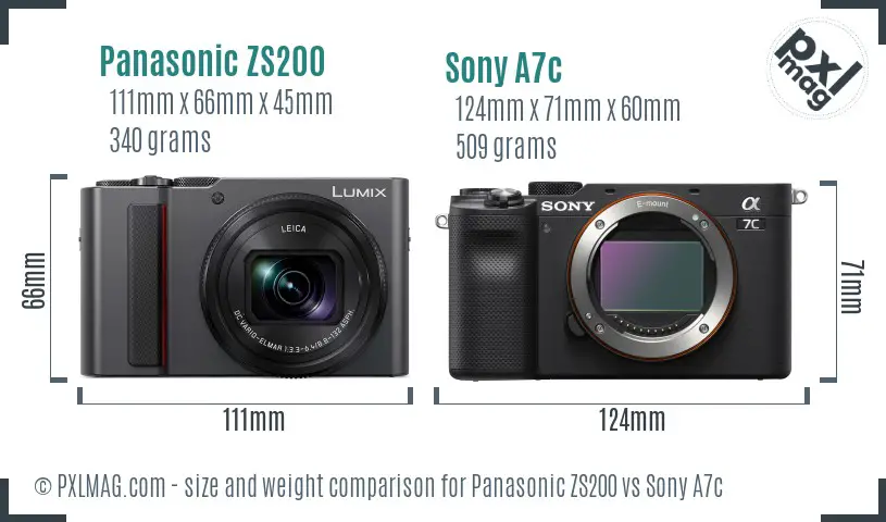 Panasonic ZS200 vs Sony A7c size comparison