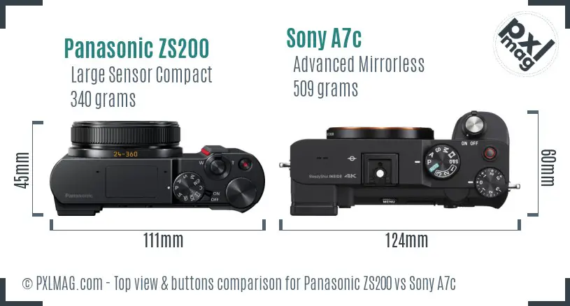 Panasonic ZS200 vs Sony A7c top view buttons comparison