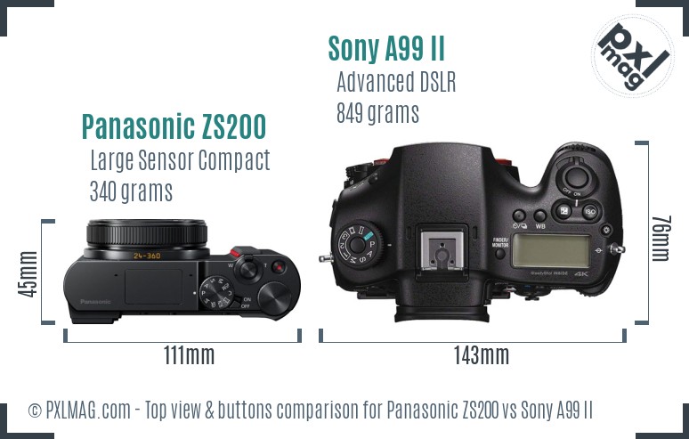 Panasonic ZS200 vs Sony A99 II top view buttons comparison