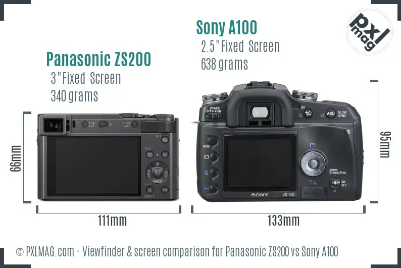 Panasonic ZS200 vs Sony A100 Screen and Viewfinder comparison