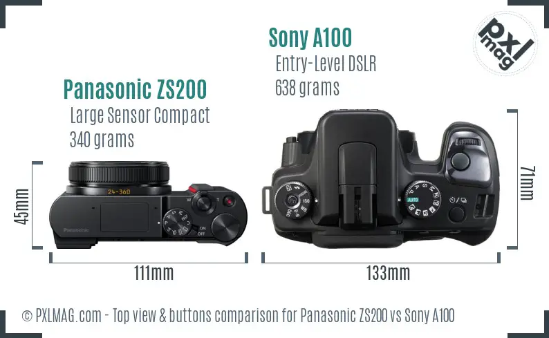 Panasonic ZS200 vs Sony A100 top view buttons comparison