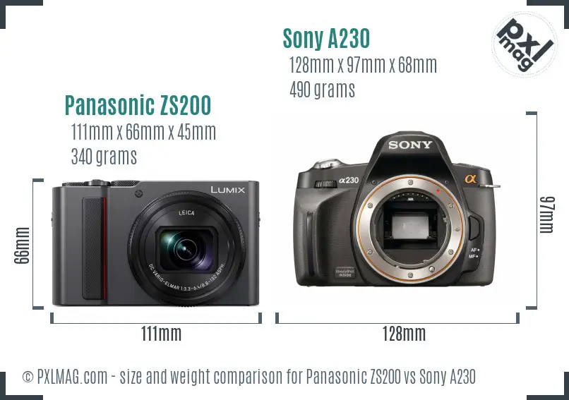 Panasonic ZS200 vs Sony A230 size comparison