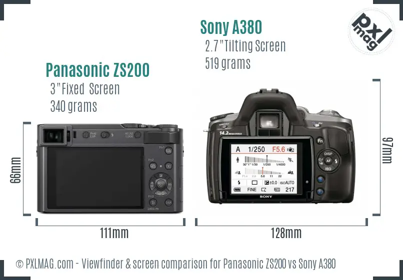 Panasonic ZS200 vs Sony A380 Screen and Viewfinder comparison