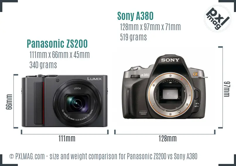 Panasonic ZS200 vs Sony A380 size comparison