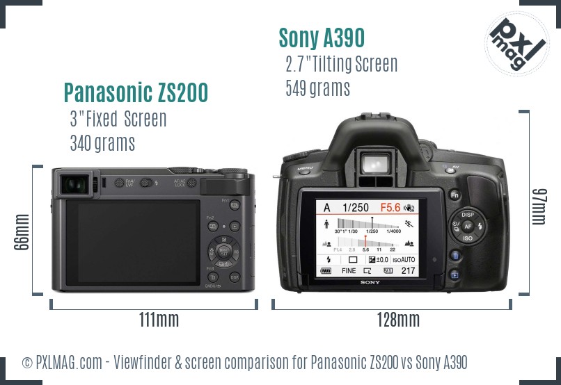 Panasonic ZS200 vs Sony A390 Screen and Viewfinder comparison