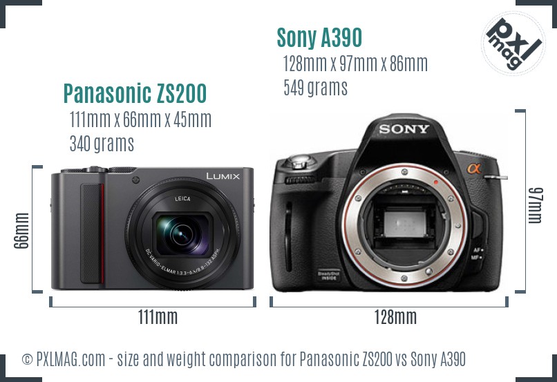 Panasonic ZS200 vs Sony A390 size comparison