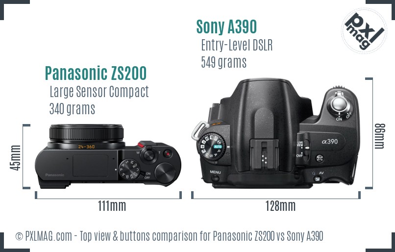 Panasonic ZS200 vs Sony A390 top view buttons comparison