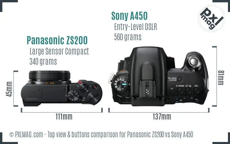 Panasonic ZS200 vs Sony A450 top view buttons comparison