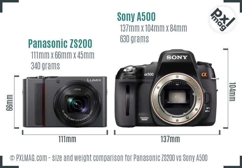 Panasonic ZS200 vs Sony A500 size comparison