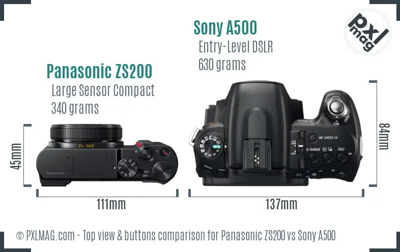 Panasonic ZS200 vs Sony A500 top view buttons comparison