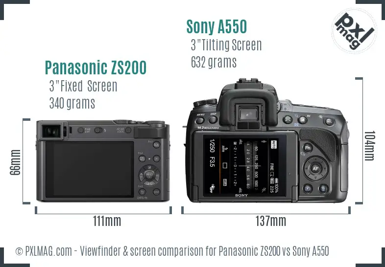 Panasonic ZS200 vs Sony A550 Screen and Viewfinder comparison