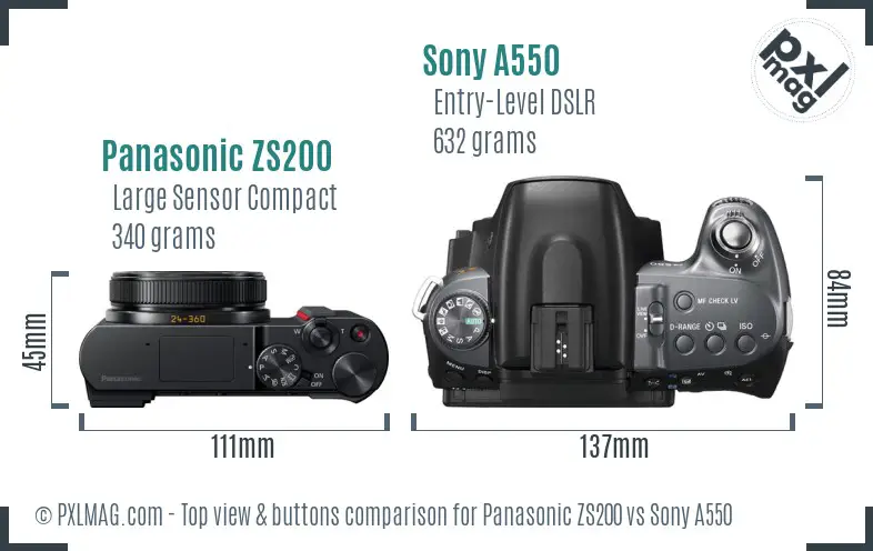 Panasonic ZS200 vs Sony A550 top view buttons comparison