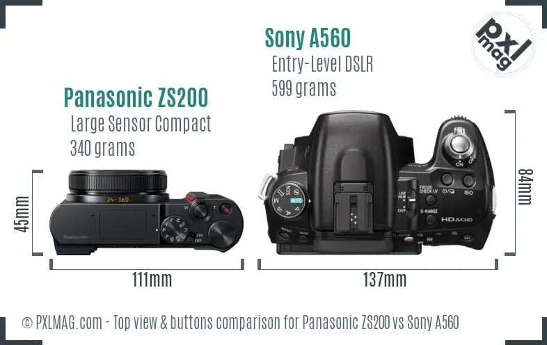 Panasonic ZS200 vs Sony A560 top view buttons comparison