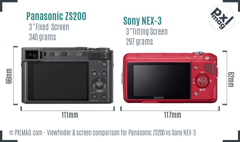 Panasonic ZS200 vs Sony NEX-3 Screen and Viewfinder comparison