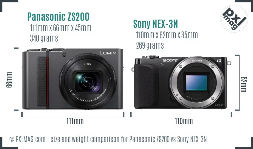 Panasonic ZS200 vs Sony NEX-3N size comparison