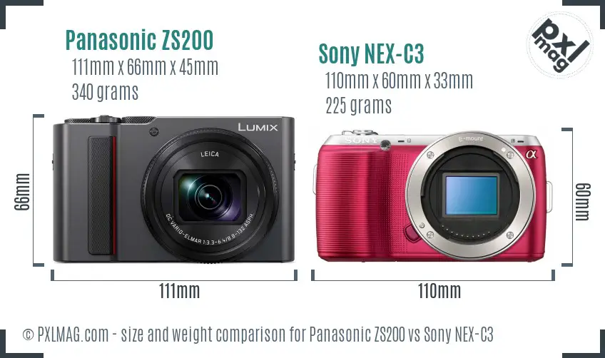 Panasonic ZS200 vs Sony NEX-C3 size comparison