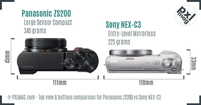 Panasonic ZS200 vs Sony NEX-C3 top view buttons comparison