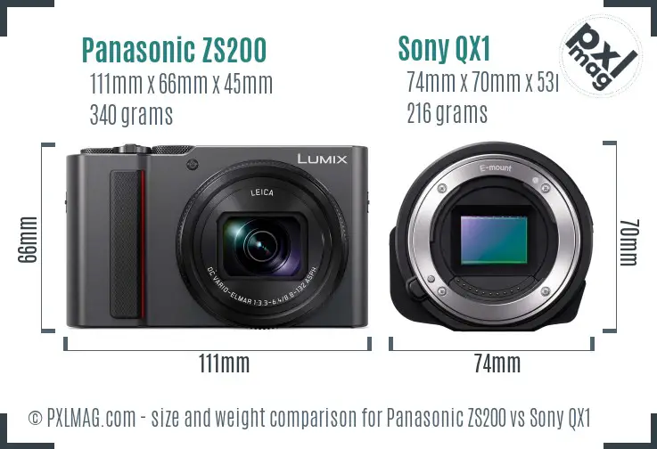 Panasonic ZS200 vs Sony QX1 size comparison