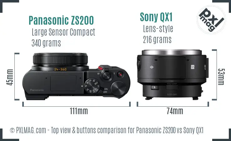 Panasonic ZS200 vs Sony QX1 top view buttons comparison