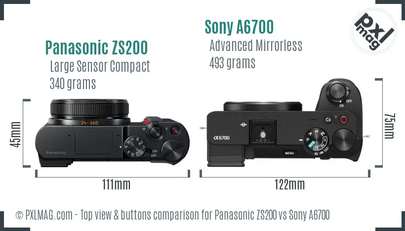 Panasonic ZS200 vs Sony A6700 top view buttons comparison Panasonic ZS200 vs Sony A6700 top view buttons comparison