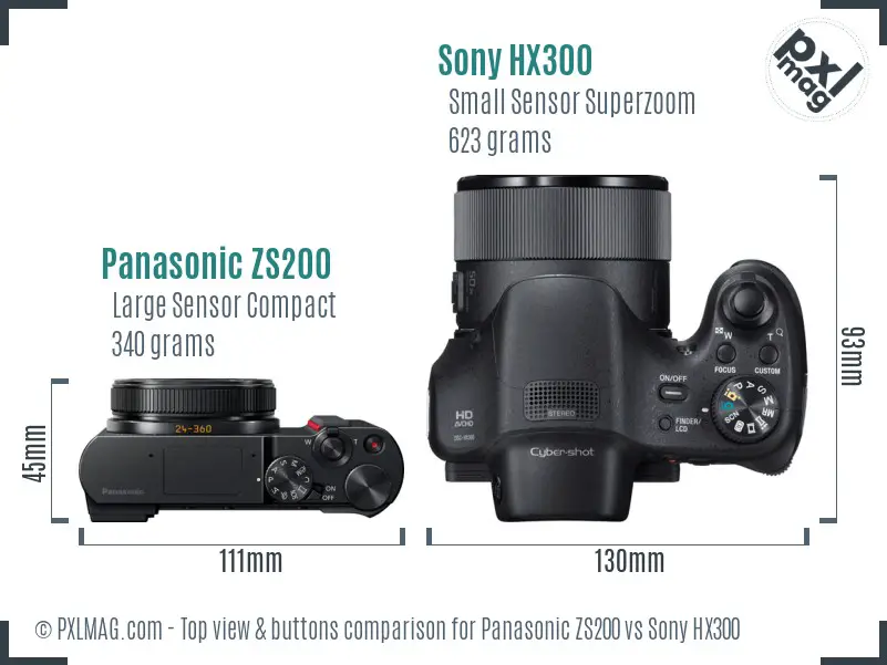 Panasonic ZS200 vs Sony HX300 top view buttons comparison