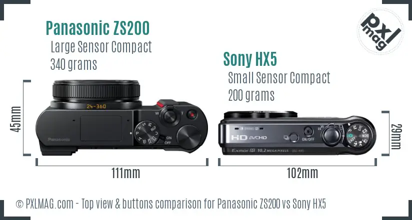 Panasonic ZS200 vs Sony HX5 top view buttons comparison