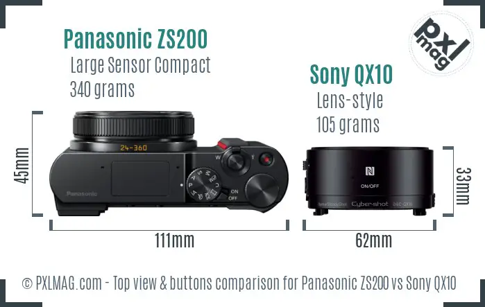 Panasonic ZS200 vs Sony QX10 top view buttons comparison