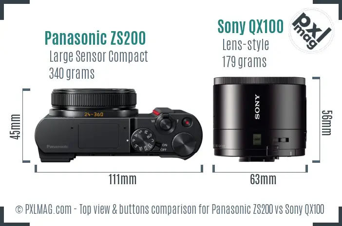 Panasonic ZS200 vs Sony QX100 top view buttons comparison