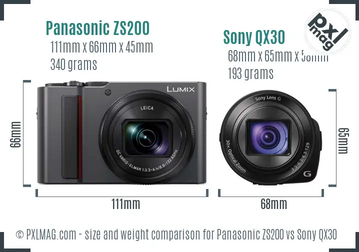 Panasonic ZS200 vs Sony QX30 size comparison