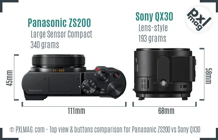 Panasonic ZS200 vs Sony QX30 top view buttons comparison