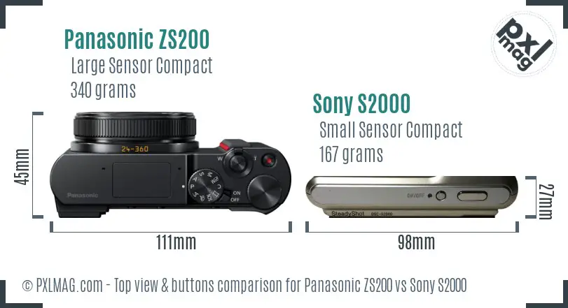 Panasonic ZS200 vs Sony S2000 top view buttons comparison Panasonic ZS200 vs Sony S2000 top view buttons comparison