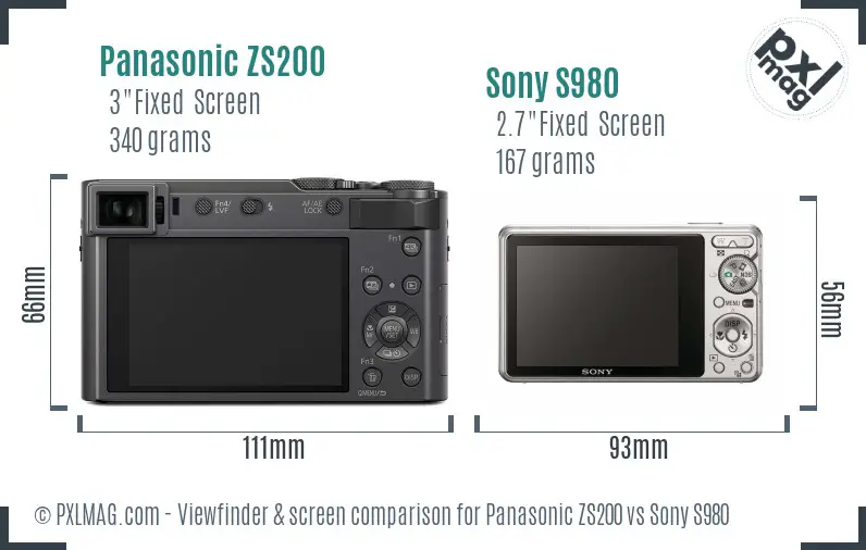 Panasonic ZS200 vs Sony S980 Screen and Viewfinder comparison