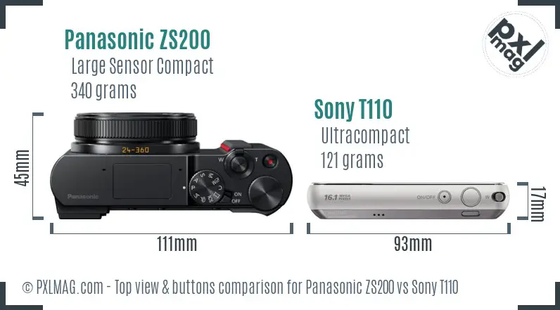 Panasonic ZS200 vs Sony T110 top view buttons comparison