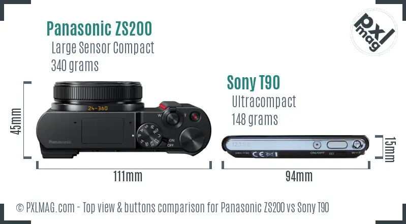 Panasonic ZS200 vs Sony T90 top view buttons comparison